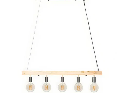 Candeeiro De Teto Viga De Madeira 5 Lampadas Estilo Industrial Madeira E Metal - A. 17,5 X C.100 Cm - Natural E Preto - Julbo