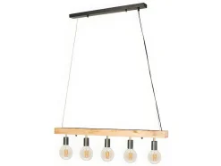 Candeeiro De Teto Viga De Madeira 5 Lampadas Estilo Industrial Madeira E Metal - A. 17,5 X C.100 Cm - Natural E Preto - Julbo