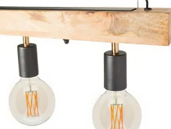 Candeeiro De Teto Viga De Madeira 5 Lampadas Estilo Industrial Madeira E Metal - A. 17,5 X C.100 Cm - Natural E Preto - Julbo