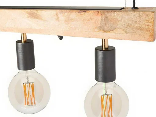 Candeeiro De Teto Viga De Madeira 5 Lampadas Estilo Industrial Madeira E Metal - A. 17,5 X C.100 Cm - Natural E Preto - Julbo