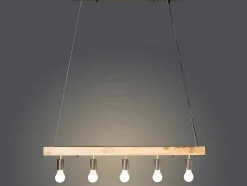 Candeeiro De Teto Viga De Madeira 5 Lampadas Estilo Industrial Madeira E Metal - A. 17,5 X C.100 Cm - Natural E Preto - Julbo