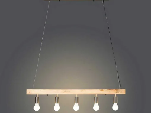 Candeeiro De Teto Viga De Madeira 5 Lampadas Estilo Industrial Madeira E Metal - A. 17,5 X C.100 Cm - Natural E Preto - Julbo