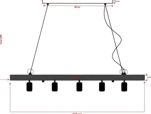 Candeeiro De Teto Viga De Madeira 5 Lampadas Estilo Industrial Madeira E Metal - A. 17,5 X C.100 Cm - Natural E Preto - Julbo