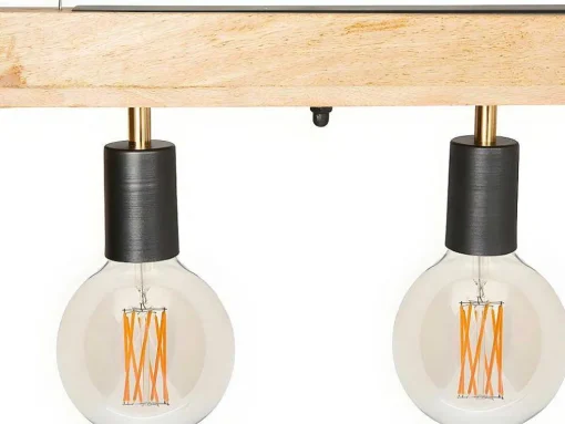 Candeeiro De Teto Viga De Madeira 5 Lampadas Estilo Industrial Madeira E Metal - A. 17,5 X C.100 Cm - Natural E Preto - Julbo