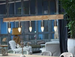 Candeeiro De Teto Viga De Madeira 5 Lampadas Estilo Industrial Madeira E Metal - A. 17,5 X C.100 Cm - Natural E Preto - Julbo