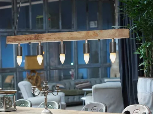 Candeeiro De Teto Viga De Madeira 5 Lampadas Estilo Industrial Madeira E Metal - A. 17,5 X C.100 Cm - Natural E Preto - Julbo