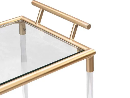 Carrinho De Cozinha Com Rodas Tampo Duplo Em Vidro Temperado E Metal Transparente E Dourado - Orula