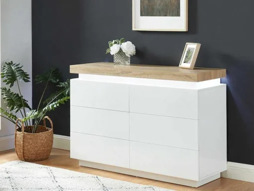 Cómoda 6 Gavetas - Mdf Lacado - Com Leds - Cor: Branco E Carvalho - Halo Ii -