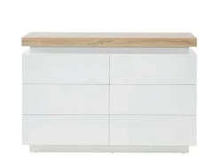 Cómoda 6 Gavetas - Mdf Lacado - Com Leds - Cor: Branco E Carvalho - Halo Ii -