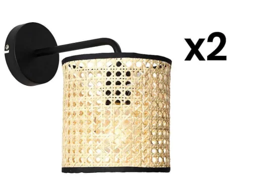Conjunto De 2 Apliques Empalhados Estilo Etnico Em Ferro E Rotim De A. 25 Cm Cor Preto E Natural - Neirobi