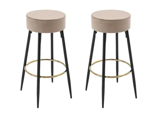 Conjunto De 2 Bancos Altos Veludo E Aco Preto, Bege E Dourado - Belinio I