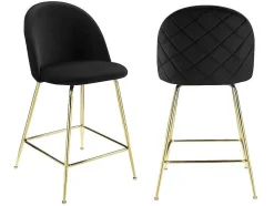 Conjunto De 2 Bancos Altos Em Veludo E Metal Dourado Cor Preto - Melbourne