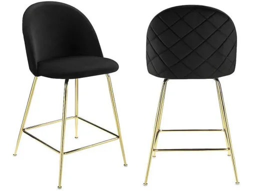 Conjunto De 2 Bancos Altos Em Veludo E Metal Dourado Cor Preto - Melbourne