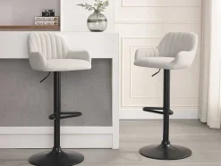 Conjunto De 2 Bancos Altos Tecido E Metal Preto, Altura Ajustavel, Cor Creme - Eleana