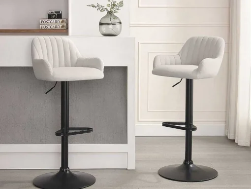 Conjunto De 2 Bancos Altos Tecido E Metal Preto, Altura Ajustavel, Cor Creme - Eleana