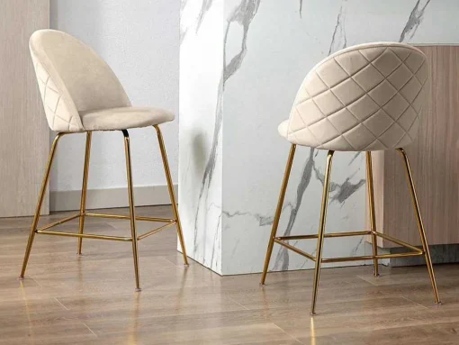 Conjunto De 2 Bancos Altos Em Veludo E Metal Dourado Cor Bege - Melbourne