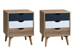 Conjunto De 2 Mesas De Cabeceira Com 3 Gavetas Cores Natural, Branco E Azul-Marinho - Lurvia