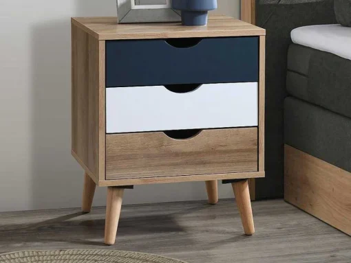 Conjunto De 2 Mesas De Cabeceira Com 3 Gavetas Cores Natural, Branco E Azul-Marinho - Lurvia