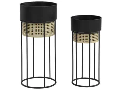 Conjunto De 2 Vasos De Ornamentacao Com Pe Efeito Empalhamento Em Ferro De D.30,5 X A.66 Cm E D.24,5 X A.55 Cm Cor Preto E Dourado - Covel