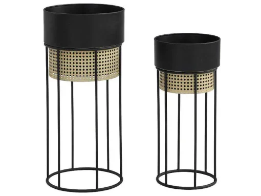 Conjunto De 2 Vasos De Ornamentacao Com Pe Efeito Empalhamento Em Ferro De D.30,5 X A.66 Cm E D.24,5 X A.55 Cm Cor Preto E Dourado - Covel