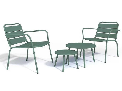 Conjunto De Jardim Em Metal, 2 Cadeiroes Baixos Empilhaveis E Mesas De Encaixar, Verde-Amendoa - Mirmande