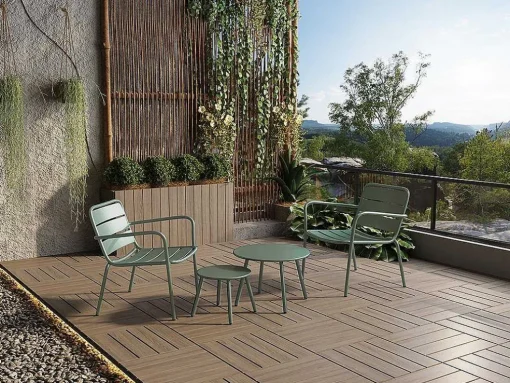 Conjunto De Jardim Em Metal, 2 Cadeiroes Baixos Empilhaveis E Mesas De Encaixar, Verde-Amendoa - Mirmande