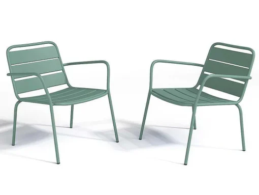 Conjunto De Jardim Em Metal, 2 Cadeiroes Baixos Empilhaveis E Mesas De Encaixar, Verde-Amendoa - Mirmande