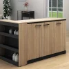 Conjunto Ilha Central De Cozinha + 2 Bancos Preto E Natural Claro - Nusice