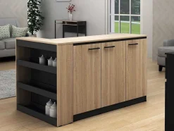 Conjunto Ilha Central De Cozinha + 2 Bancos Preto E Natural Claro - Nusice