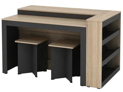 Conjunto Ilha Central De Cozinha + 2 Bancos Preto E Natural Claro - Nusice