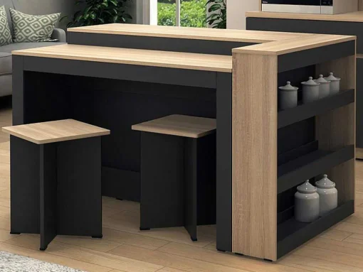 Conjunto Ilha Central De Cozinha + 2 Bancos Preto E Natural Claro - Nusice