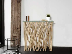 Consola Em Vidro Temperado E Teca Cor Natural - Gayana