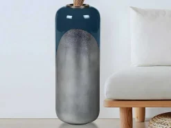 Grande Vaso Em Metal Esmaltado D. 30 X A. 82 Cm Preto E Folha Prateada - Perlin