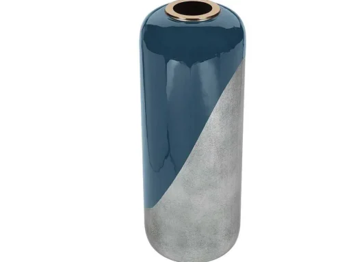 Grande Vaso Em Metal Esmaltado D. 30 X A. 82 Cm Preto E Folha Prateada - Perlin
