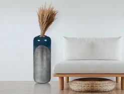 Grande Vaso Em Metal Esmaltado D. 30 X A. 82 Cm Preto E Folha Prateada - Perlin