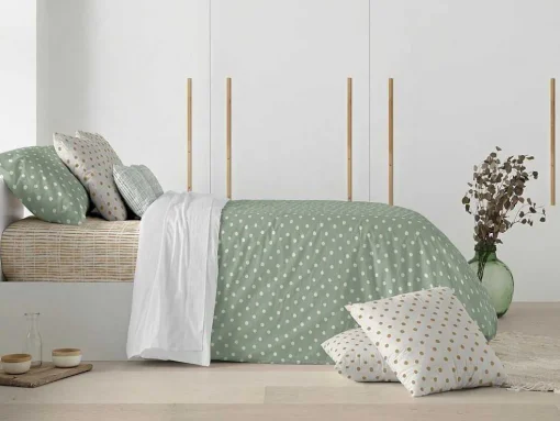 Housse De Couette 100% Coton 1 Piece Vert A Pois Blancs 140X240