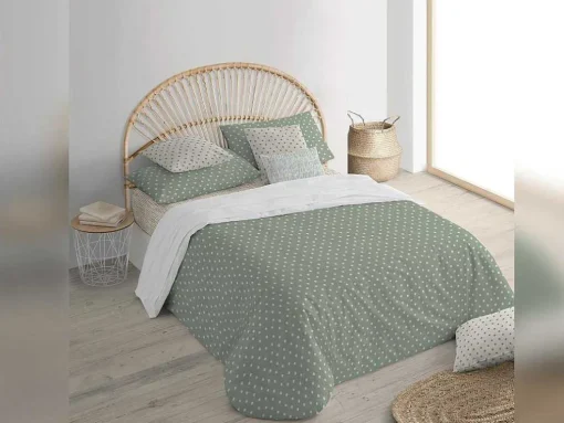 Housse De Couette 100% Coton 1 Piece Vert A Pois Blancs 140X240