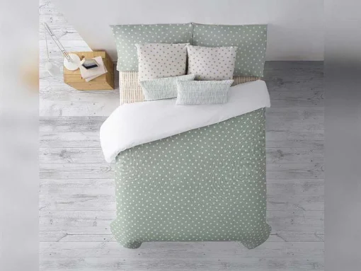Housse De Couette 100% Coton 1 Piece Vert A Pois Blancs 140X240