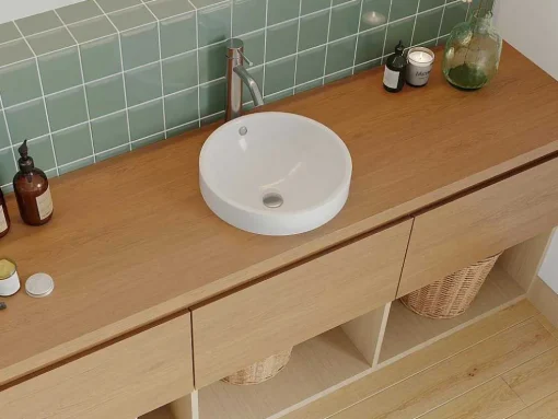 Lavatório De Casa De Banho Semi-Encastrado Redondo Em Ceramica Cor Branco - Catonac