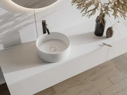 Lavatório De Pousar Ceramica Branco Estriado Redondo 36 Cm - Pedara
