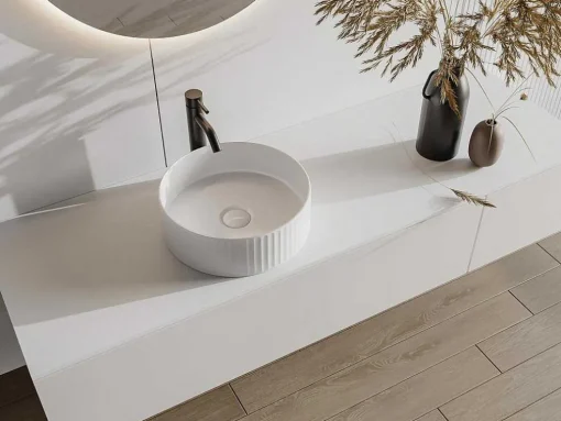 Lavatório De Pousar Ceramica Branco Estriado Redondo 36 Cm - Pedara