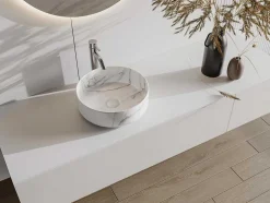 Lavatório De Pousar Redondo Branco Efeito Marmore Ceramica 36 Cm - Viamarba