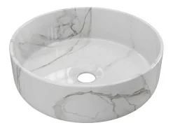 Lavatório De Pousar Redondo Branco Efeito Marmore Ceramica 36 Cm - Viamarba