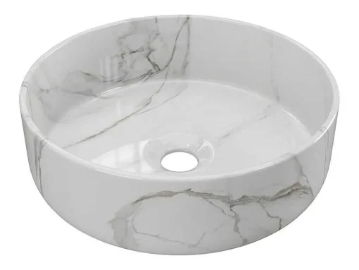 Lavatório De Pousar Redondo Branco Efeito Marmore Ceramica 36 Cm - Viamarba