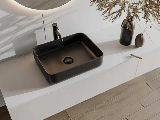 Lavatório De Pousar Retangular Em Ceramica Preto Fosco 50X30 Cm - Juniko Ii