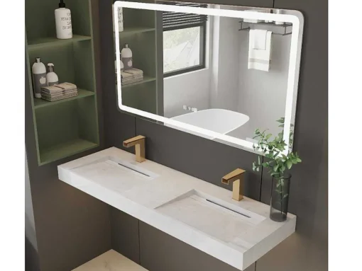 Lavatório Duplo Suspenso Em Superficie Solida Efeito Marmore Branco De C140,2 X L45,2 X A8 Cm - Kodiak
