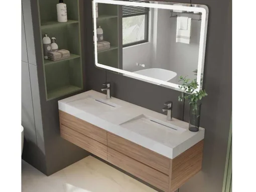 Lavatório Duplo Suspenso Em Superficie Solida Efeito Marmore Branco De C140,2 X L45,2 X A8 Cm - Kodiak