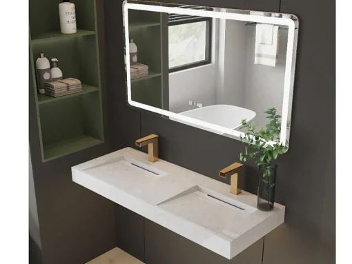 Lavatório Duplo Suspenso Em Superficie Solida Efeito Marmore Branco De C120,2 X L45,2 X A8 Cm - Kodiak