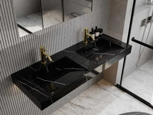 Lavatório Duplo Suspenso Em Solid Surface Efeito Marmore Preto C120,2Xl45,2Xa8 Cm - Takotna