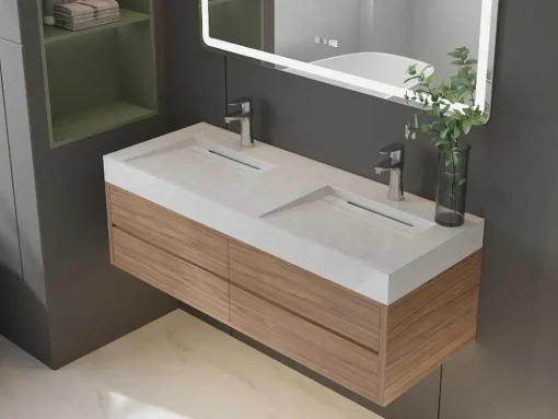 Lavatório Duplo Suspenso Em Superficie Solida Efeito Marmore Branco De C120,2 X L45,2 X A8 Cm - Kodiak